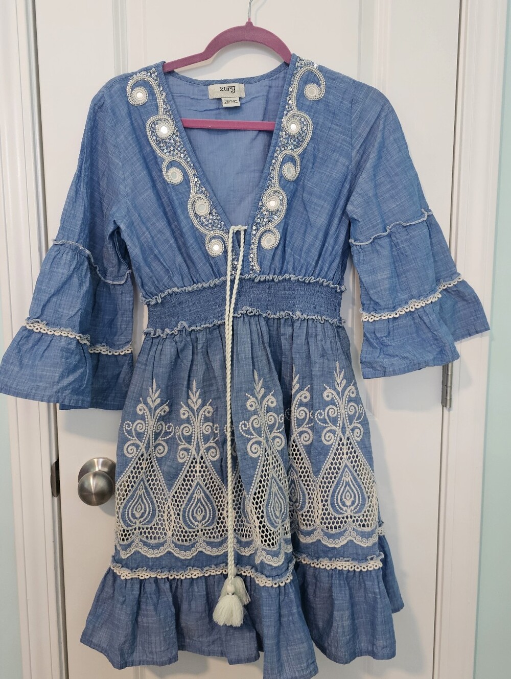 NWOT- Zury Blue Embroidered Tassel Waist Dress- Size 'Free Size'
